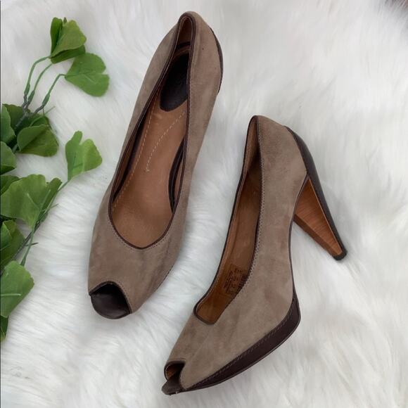 Fossil | Tan Suede Leather Peep Toe Pump Heels Size 9.5 Brown Open Toe Shoes - Picture 1 of 12